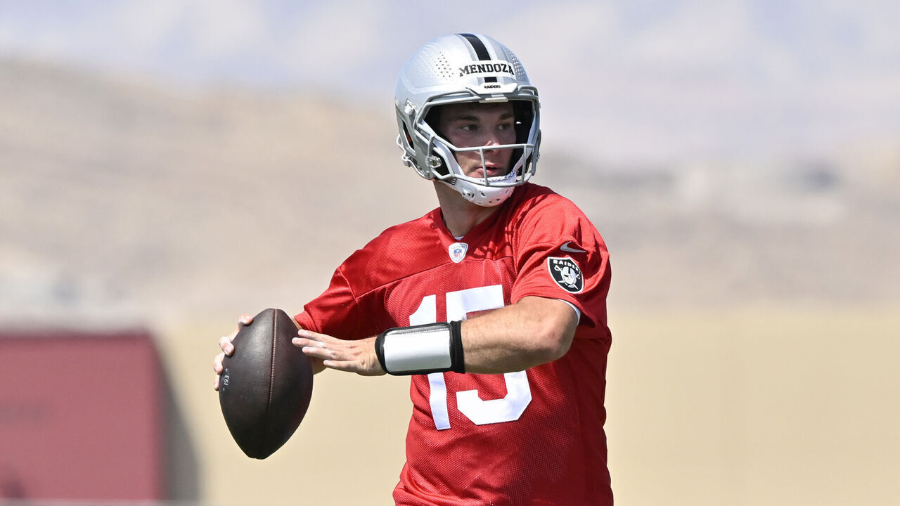 HENDERSON, NEVADA - MAY 02: Fernando Mendoza #15 of the Las Vegas Raiders looks to pass during the team's rookie minicamp at the Las Vegas Raiders Headquarters/Intermountain Health Performance Center on May 02, 2026 in Henderson, Nevada.
