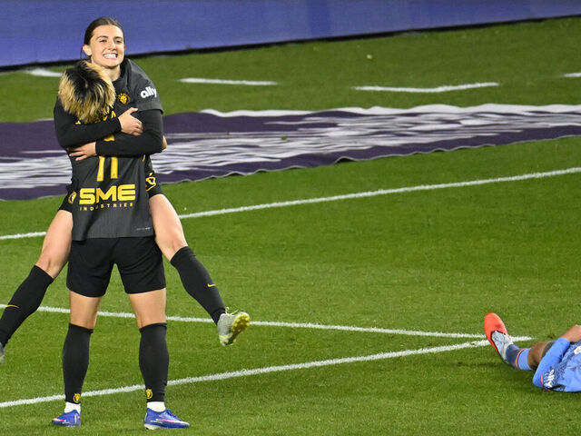 SANDY, UTAH - MAY 06: Courtney Brown #16 of Utah Royals celebrates with teammate Mina Tanaka #11 after scoring the team's second goal during the NWSL match between Utah Royals and Houston Dash at America First Field on May 06, 2026 in Sandy, Utah.