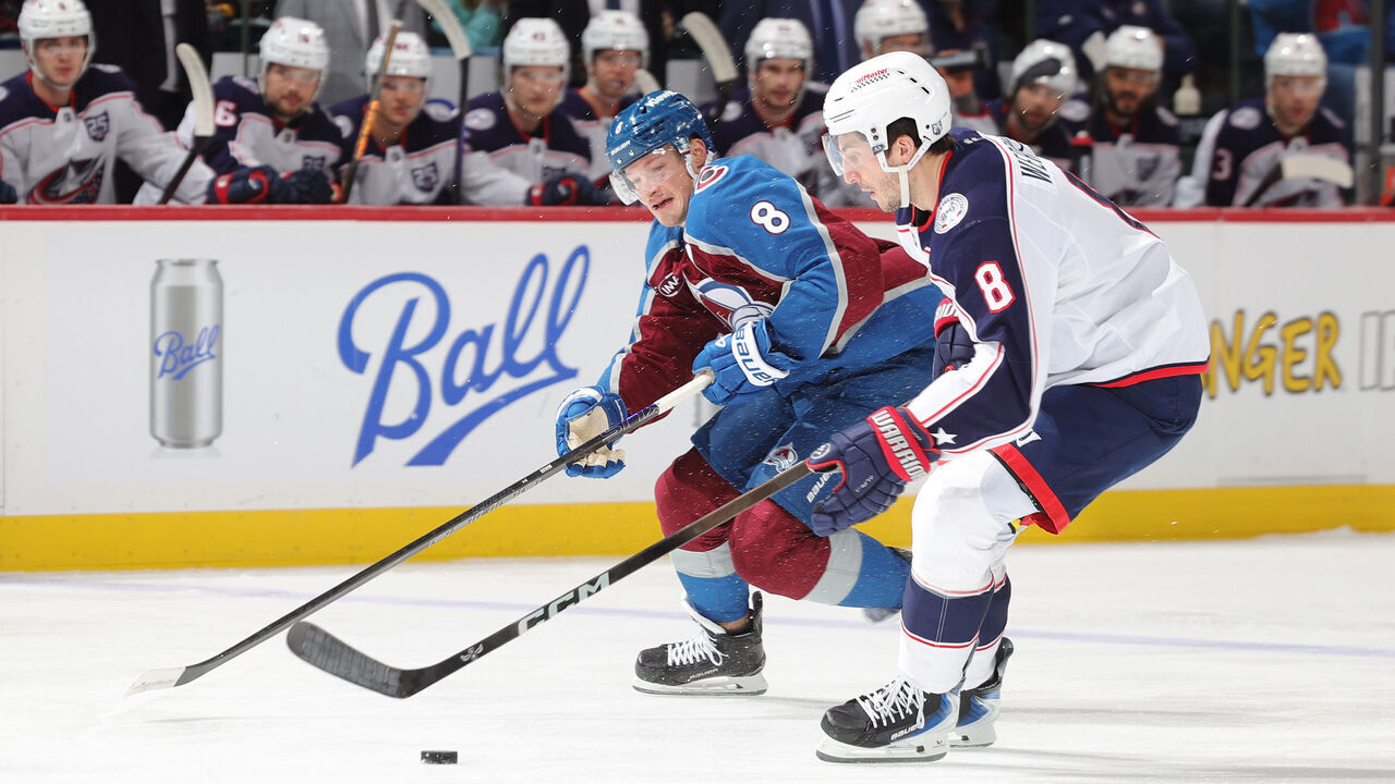 DENVER, COLORADO - JANUARY 10: Cale Makar #8 of the Colorado Avalanche skates against Zach Werenski #8 of the Columbus Blue Jackets at Ball Arena on January 10, 2026 in Denver, Colorado.