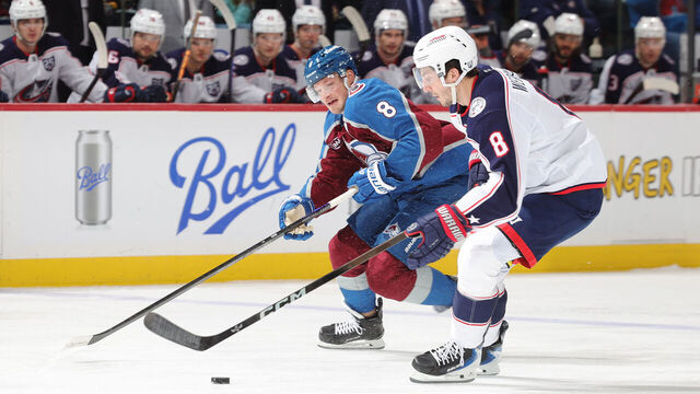 DENVER, COLORADO - JANUARY 10: Cale Makar #8 of the Colorado Avalanche skates against Zach Werenski #8 of the Columbus Blue Jackets at Ball Arena on January 10, 2026 in Denver, Colorado.