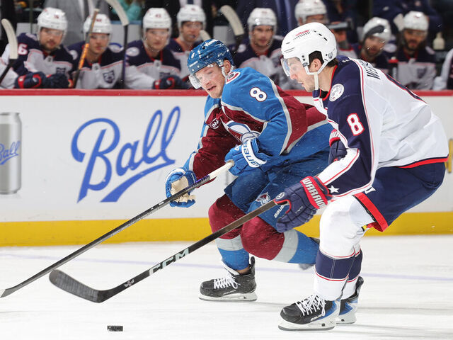 DENVER, COLORADO - JANUARY 10: Cale Makar #8 of the Colorado Avalanche skates against Zach Werenski #8 of the Columbus Blue Jackets at Ball Arena on January 10, 2026 in Denver, Colorado.