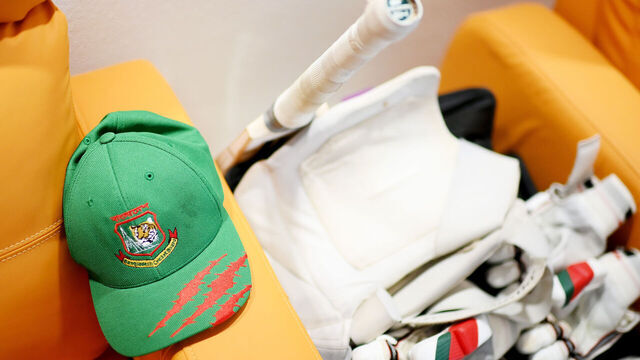 KOLKATA, INDIA - OCTOBER 28: A detailed view of a cap, bat and pads in the Bangladesh changing room prior to the ICC Men's Cricket World Cup India 2023 Group Stage Match between Netherlands and Bangladesh at Eden Gardens on October 28, 2023 in Kolkata, India.