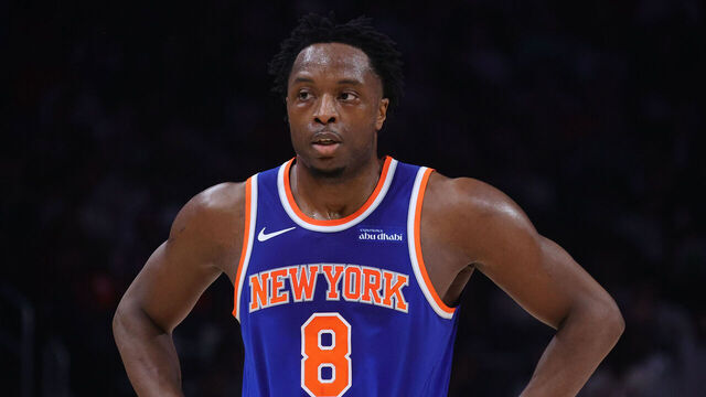 ATLANTA, GA - APRIL 30: OG Anunoby #8 of the New York Knicks looks on during the game against the Atlanta Hawks during Round One Game Six of the 2026 NBA Playoffs on April 30, 2026 at State Farm Arena in Atlanta, Georgia. NOTE TO USER: User expressly acknowledges and agrees that, by downloading and/or using this Photograph, user is consenting to the terms and conditions of the Getty Images License Agreement. Mandatory Copyright Notice: Copyright 2026 NBAE