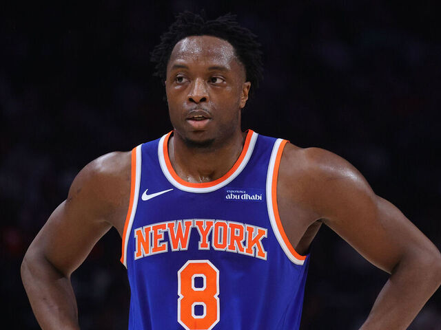 ATLANTA, GA - APRIL 30: OG Anunoby #8 of the New York Knicks looks on during the game against the Atlanta Hawks during Round One Game Six of the 2026 NBA Playoffs on April 30, 2026 at State Farm Arena in Atlanta, Georgia. NOTE TO USER: User expressly acknowledges and agrees that, by downloading and/or using this Photograph, user is consenting to the terms and conditions of the Getty Images License Agreement. Mandatory Copyright Notice: Copyright 2026 NBAE