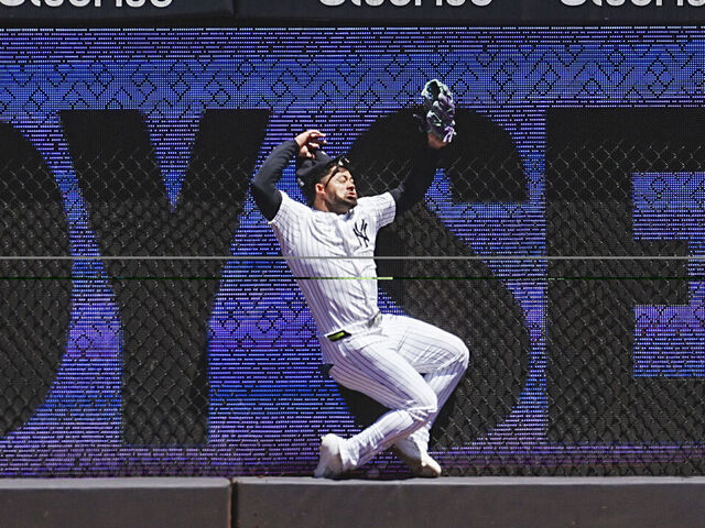 NEW YORK, NY - MAY 07: Jasson Domínguez #24 of the New York Yankees catches a fly ball in the first inning during the game between the Texas Rangers and the New York Yankees at Yankee Stadium on Thursday, May 7, 2026 in New York, New York.