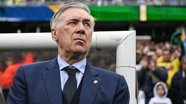 FOXBOROUGH, MASSACHUSETTS - MARCH 26: Carlo Ancelotti of Brazil looks downfield before the game between France and Brazil at Gillette Stadium on March 26, 2026 in Foxborough, Massachusetts.