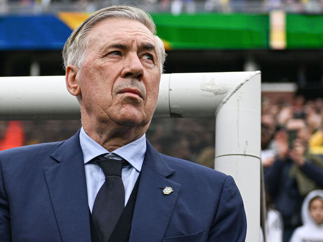 FOXBOROUGH, MASSACHUSETTS - MARCH 26: Carlo Ancelotti of Brazil looks downfield before the game between France and Brazil at Gillette Stadium on March 26, 2026 in Foxborough, Massachusetts.