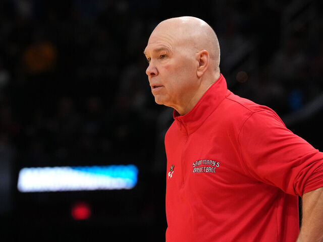 CLEVELAND, OHIO - MARCH 23: Head coach Randy Bennett of the St. Mary's Gaels looks on during the first half of a second-round game of the 2025 NCAA Men's Basketball Tournament against the Alabama Crimson Tide at Rocket Mortgage Fieldhouse on March 23, 2025 in Cleveland, Ohio.