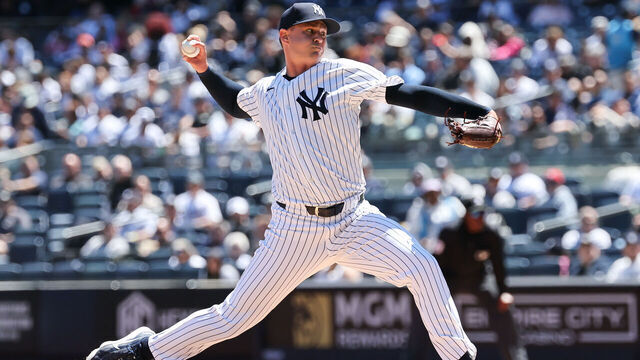 BRONX, NY - MAY 07: Pitcher Brendan Beck #89 of the New York Yankees pitches in his first MLB game during a game between the Texas Rangers and New York Yankees at Yankee Stadium on May 7, 2025 in the Bronx, New York.