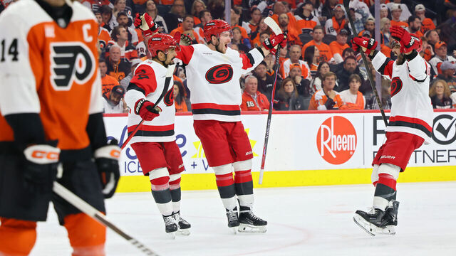 PHILADELPHIA, PENNSYLVANIA - MAY 07: Andrei Svechnikov #37 of the Carolina Hurricanes celebrates a goal with teammates during the third period against the Philadelphia Flyers in Game Three of the Second Round of the 2026 Stanley Cup Playoffs at the Xfinity Mobile Arena on May 07, 2026 in Philadelphia, Pennsylvania.