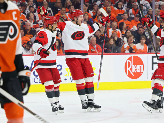 PHILADELPHIA, PENNSYLVANIA - MAY 07: Andrei Svechnikov #37 of the Carolina Hurricanes celebrates a goal with teammates during the third period against the Philadelphia Flyers in Game Three of the Second Round of the 2026 Stanley Cup Playoffs at the Xfinity Mobile Arena on May 07, 2026 in Philadelphia, Pennsylvania.