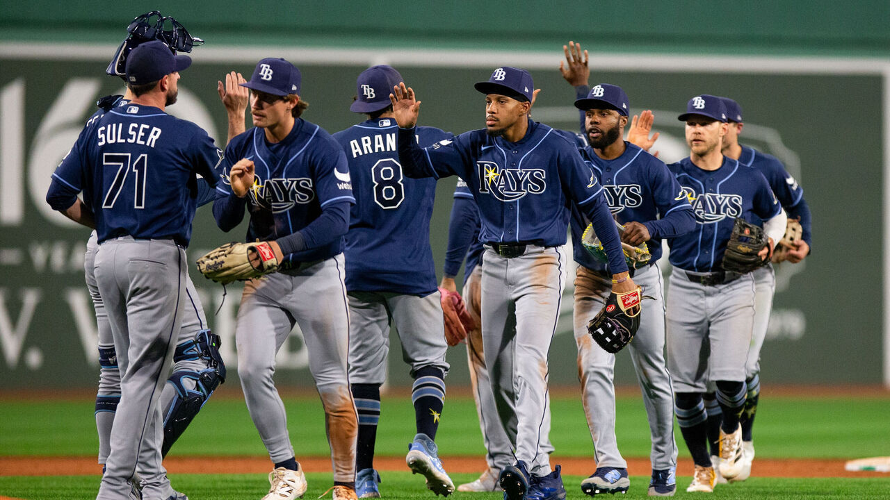 BOSTON, MA - MAY 07: Members of the Tampa Bay Rays celebrate after defeating the Boston Red Sox at Fenway Park on Thursday, May 7, 2026 in Boston, Massachusetts.