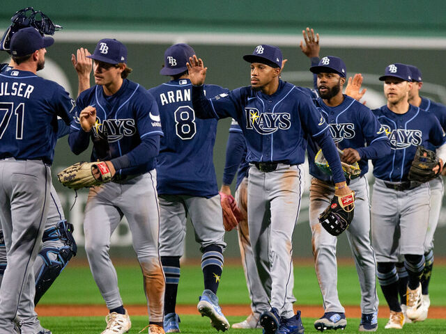 BOSTON, MA - MAY 07: Members of the Tampa Bay Rays celebrate after defeating the Boston Red Sox at Fenway Park on Thursday, May 7, 2026 in Boston, Massachusetts.