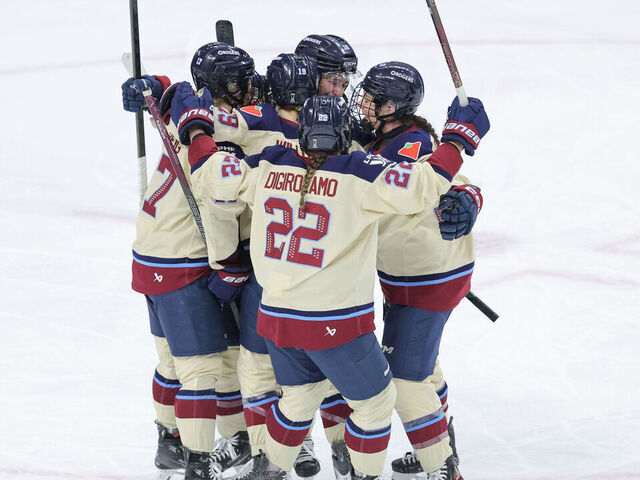 SAINT PAUL, MN - MAY 07: Montréal Victoire forward Hayley Scamurra (16) celebrates with teammates after scoring during the Montréal Victoire versus Minnesota Frost game three Walter Cup first round game