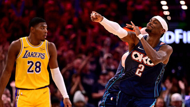 OKLAHOMA CITY, OKLAHOMA - MAY 07: Shai Gilgeous-Alexander #2 of the Oklahoma City Thunder reacts during the fourth quarter of a game against the Los Angeles Lakers in Game Two of the Second Round of the NBA Western Conference Playoffs at Paycom Center on May 07, 2026 in Oklahoma City, Oklahoma.