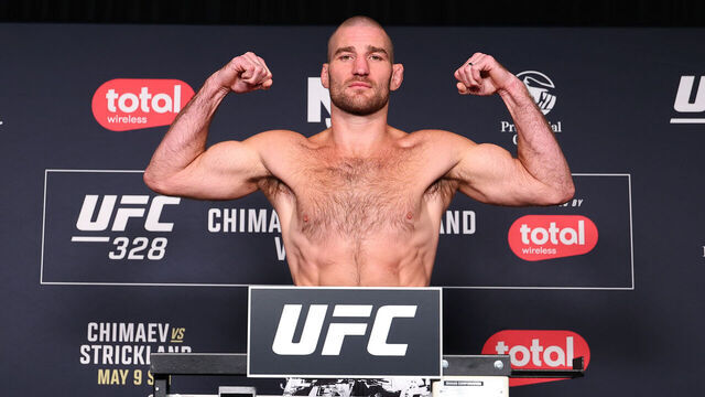 NEWARK, NEW JERSEY - MAY 8: Sean Strickland poses on the scale at the UFC 328 official weigh-in at the Hyatt Regency Morristown on May 8, 2026 in Newark, New Jersey.