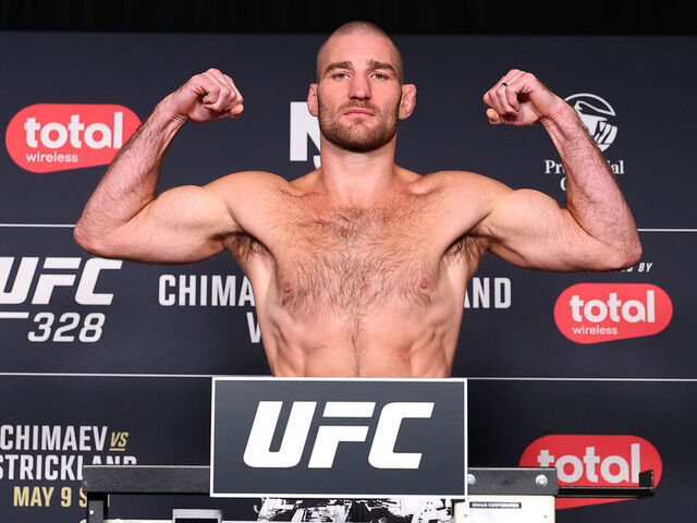 NEWARK, NEW JERSEY - MAY 8: Sean Strickland poses on the scale at the UFC 328 official weigh-in at the Hyatt Regency Morristown on May 8, 2026 in Newark, New Jersey.