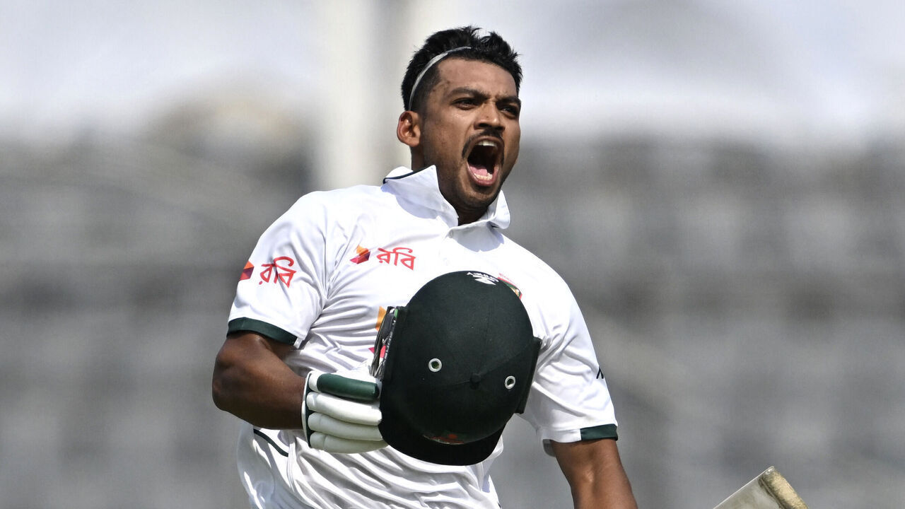 Bangladesh's captain Najmul Hossain Shanto celebrates after scoring a century (100 runs) during the first test cricket match between Bangladesh and Pakistan at the Sher-e-Bangla National Stadium in Mirpur on May 8, 2026.