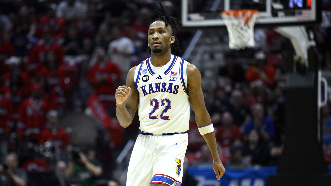 SAN DIEGO, CALIFORNIA - MARCH 22: Darryn Peterson #22 of the Kansas Jayhawks celebrates during the second half against the St. John's Red Storm in the second round of the 2026 NCAA Men's Basketball Tournament at Viejas Arena at San Diego State University on March 22, 2026 in San Diego, California.