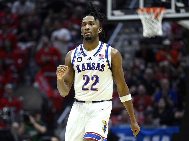 SAN DIEGO, CALIFORNIA - MARCH 22: Darryn Peterson #22 of the Kansas Jayhawks celebrates during the second half against the St. John's Red Storm in the second round of the 2026 NCAA Men's Basketball Tournament at Viejas Arena at San Diego State University on March 22, 2026 in San Diego, California.