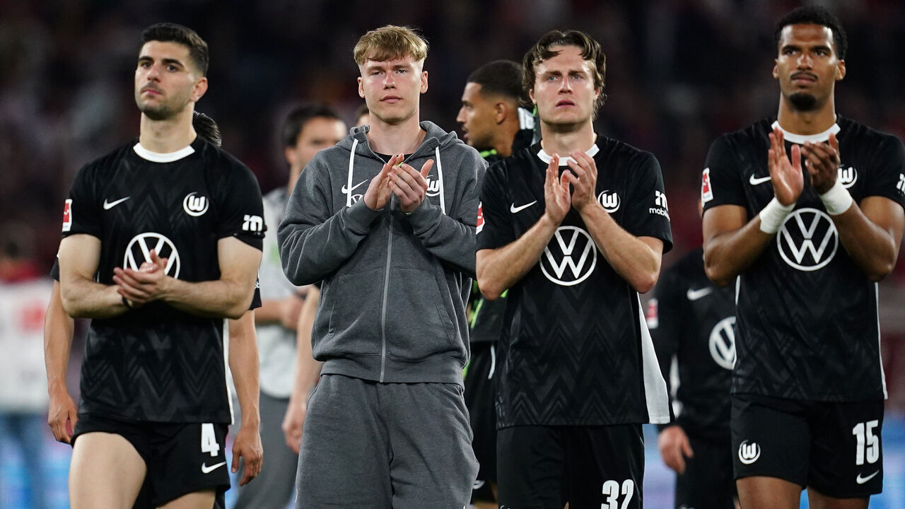 FREIBURG IM BREISGAU, GERMANY - MAY 03: Konstantinos Koulierakis, Mattias Svanberg and Moritz Jenz of VfL Wolfsburg acknowledge the fans following the Bundesliga match between SC Freiburg and VfL Wolfsburg at Europa-Park Stadion on May 03, 2026 in Freiburg im Breisgau, Germany.