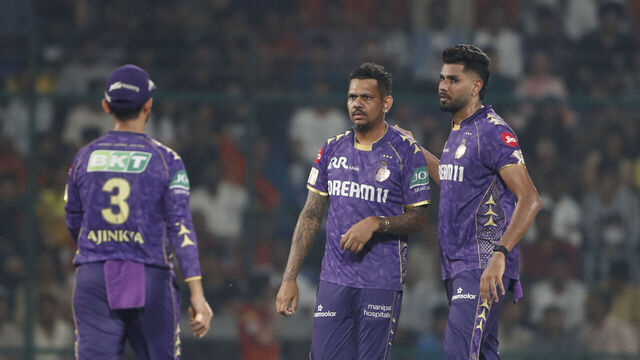 DELHI, INDIA - MAY 25: Sunil Narine of Kolkata Knight Riders celebrates after taking the wicket of Abhishek Sharma of Sunrisers Hyderabad during the 2025 IPL match between Sunrisers Hyderabad and Kolkata Knight Riders at Arun Jaitley Stadium on May 25, 2025, in Delhi, India.