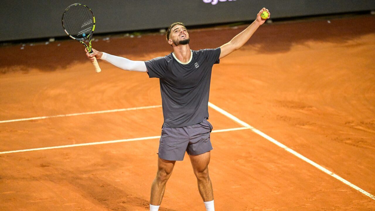 ROME, ITALY - MAY 08: Dino Prizmic of Croatia celebrates the victory against Novak Djokovic of Serbia on Day Four of the Internazionali BNL D'Italiaat Foro Italico on May 08, 2026 in Rome, Italy.