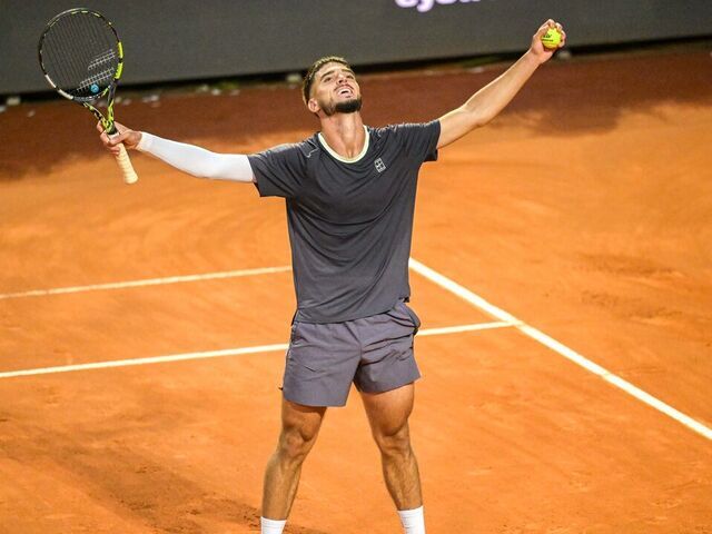 ROME, ITALY - MAY 08: Dino Prizmic of Croatia celebrates the victory against Novak Djokovic of Serbia on Day Four of the Internazionali BNL D'Italiaat Foro Italico on May 08, 2026 in Rome, Italy.