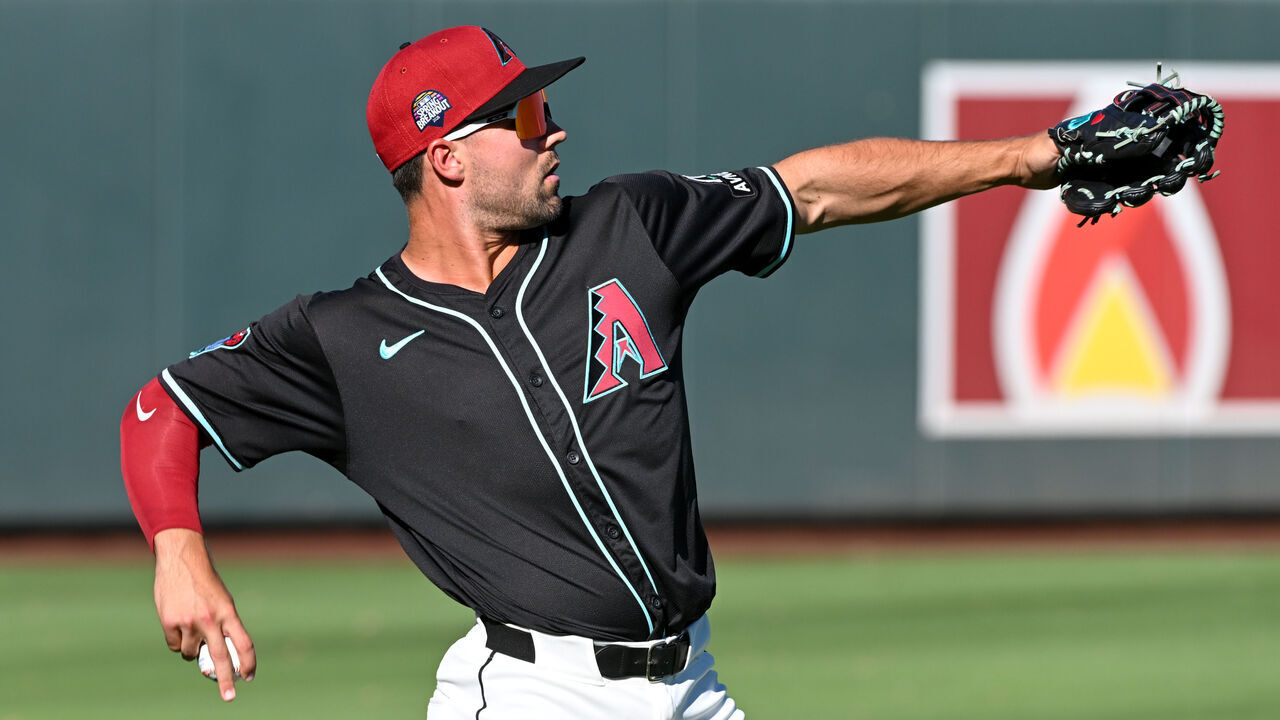 SCOTTSDALE, AZ - MARCH 21: Ryan Waldschmidt #21 of the Arizona Diamondbacks warms up in the outfield prior to the game between the Colorado Rockies and the Arizona Diamondbacks at Salt River Fields at Talking Stick on Saturday, March 21, 2026 in Scottsdale, Arizona.