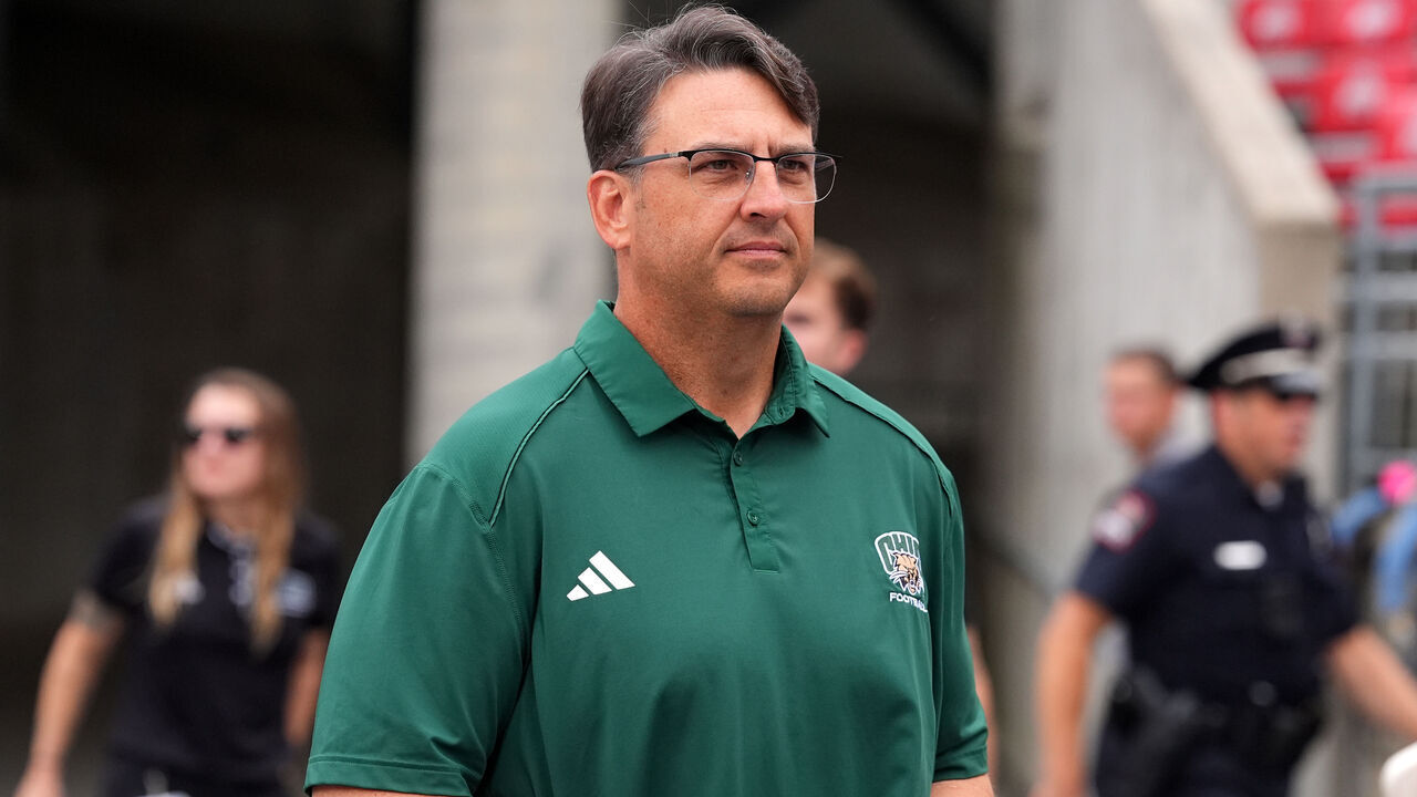 COLUMBUS, OHIO - SEPTEMBER 13: Head coach Brian Smith of the Ohio Bobcats arrives at Ohio Stadium prior to the game again against the Ohio State Buckeyes on September 13, 2025 in Columbus, Ohio.