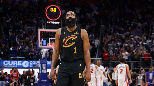 DETROIT, MICHIGAN - MAY 07: James Harden #1 of the Cleveland Cavaliers walks off the court after being defeated by the Detroit Pistons 107-97 in Game Two of the Second Round of the NBA Eastern Conference Playoffs at Little Caesars Arena on May 07, 2026 in Detroit, Michigan.