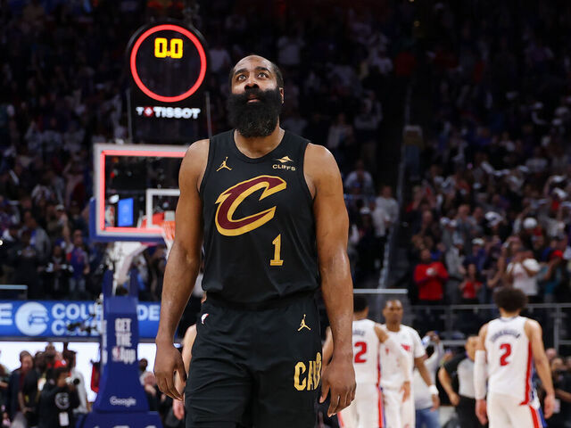 DETROIT, MICHIGAN - MAY 07: James Harden #1 of the Cleveland Cavaliers walks off the court after being defeated by the Detroit Pistons 107-97 in Game Two of the Second Round of the NBA Eastern Conference Playoffs at Little Caesars Arena on May 07, 2026 in Detroit, Michigan.