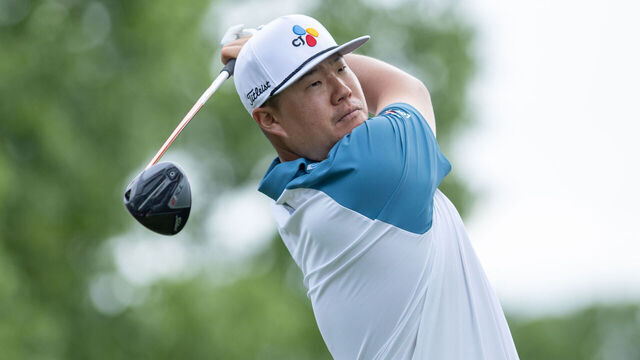CHARLOTTE, NORTH CAROLINA - MAY 8: Sungjae Im of South Korea tees off on the 18th hole during the second round of the Truist Championship 2026 at Quail Hollow Country Club on May 8, 2026 in Charlotte, North Carolina.