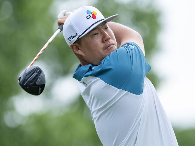 CHARLOTTE, NORTH CAROLINA - MAY 8: Sungjae Im of South Korea tees off on the 18th hole during the second round of the Truist Championship 2026 at Quail Hollow Country Club on May 8, 2026 in Charlotte, North Carolina.
