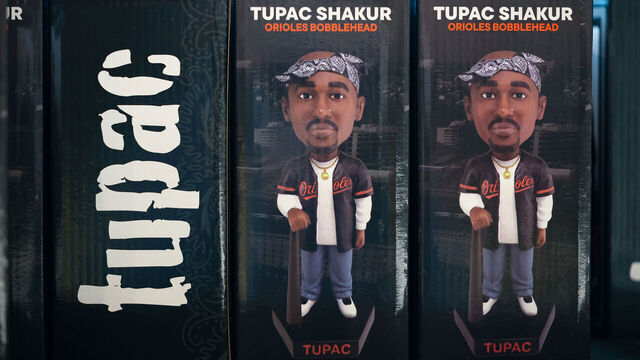 BALTIMORE, MARYLAND - MAY 08: A Tupac Shakur Baltimore Orioles bobblehead is seen on display as the promotional giveaway before the Orioles play against the Athletics at Oriole Park at Camden Yards on May 08, 2026 in Baltimore, Maryland.