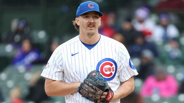 CHICAGO, ILLINOIS - APRIL 01: Hunter Harvey #45 of the Chicago Cubs looks on prior to delivering a pitch against the Los Angeles Angels during the fifth inning at Wrigley Field on April 01, 2026 in Chicago, Illinois.