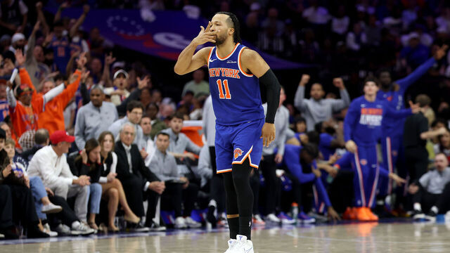 PHILADELPHIA, PENNSYLVANIA - MAY 08: Jalen Brunson #11 of the New York Knicks reacts against the Philadelphia 76ers during the fourth quarter in Game Three of the Second Round of the NBA Eastern Conference Playoffs at Xfinity Mobile Arena on May 08, 2026 in Philadelphia, Pennsylvania.
