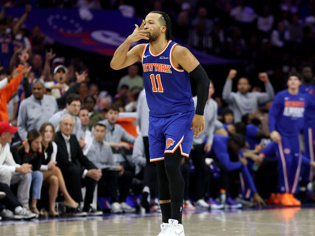 PHILADELPHIA, PENNSYLVANIA - MAY 08: Jalen Brunson #11 of the New York Knicks reacts against the Philadelphia 76ers during the fourth quarter in Game Three of the Second Round of the NBA Eastern Conference Playoffs at Xfinity Mobile Arena on May 08, 2026 in Philadelphia, Pennsylvania.