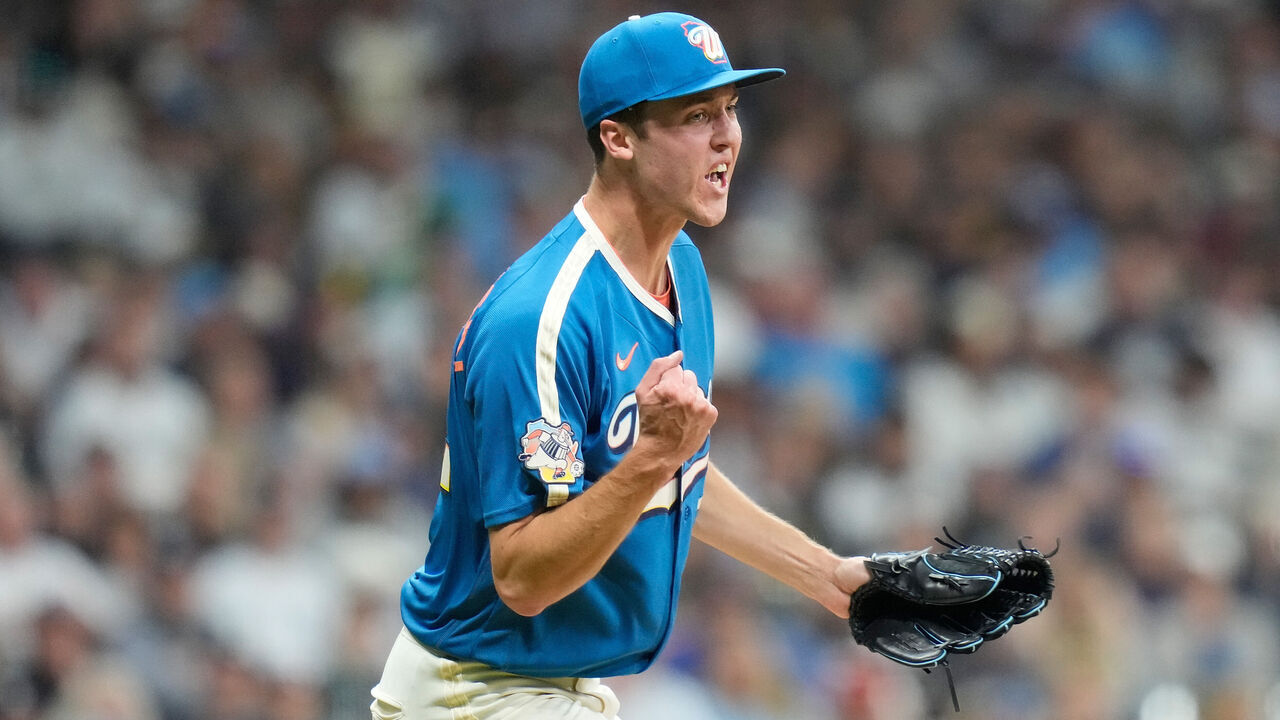 MILWAUKEE, WISCONSIN - MAY 08: Jacob Misiorowski #32 of the Milwaukee Brewers reacts after striking out a batter to end the sixth inning against the New York Yankees at American Family Field on May 08, 2026 in Milwaukee, Wisconsin.