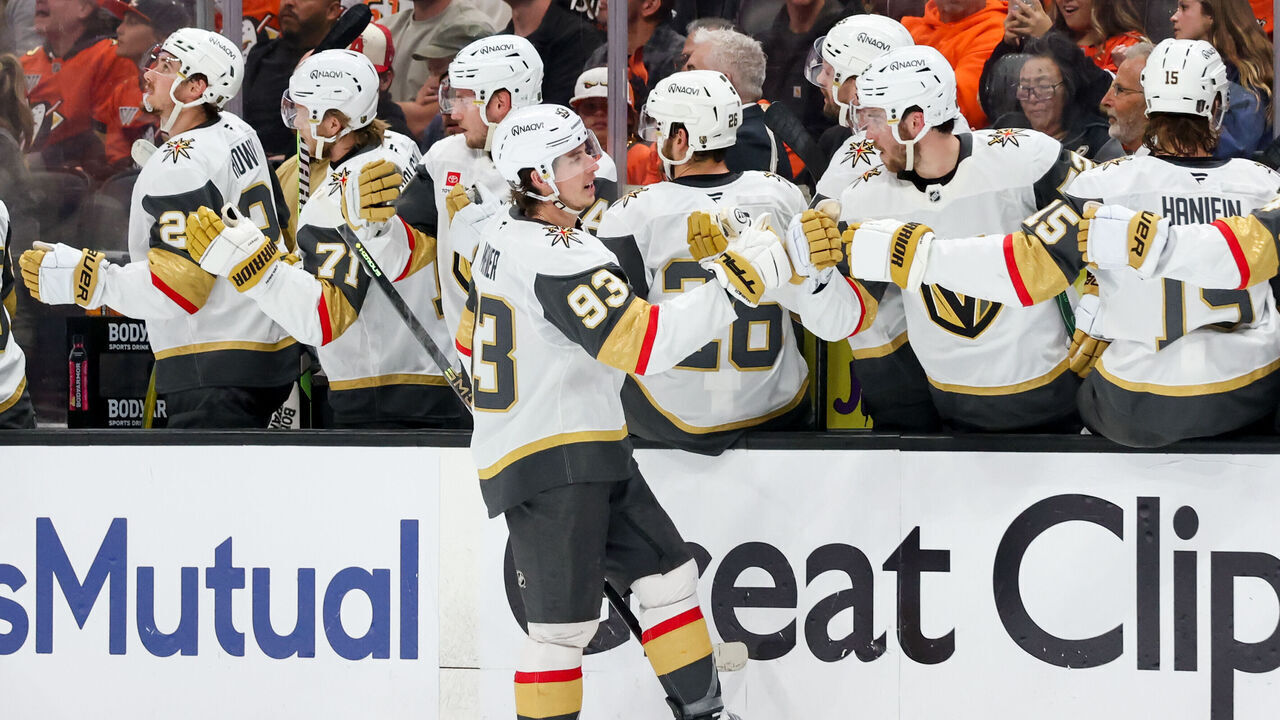 ANAHEIM, CA - MAY 8: Mitch Marner #93 of the Vegas Golden Knights celebrates their goal with teammates during the first period against the Anaheim Ducks in Game Three of the Second Round of the 2026 Stanley Cup Playoffs at Honda Center on May 8, 2026 in Anaheim, California.
