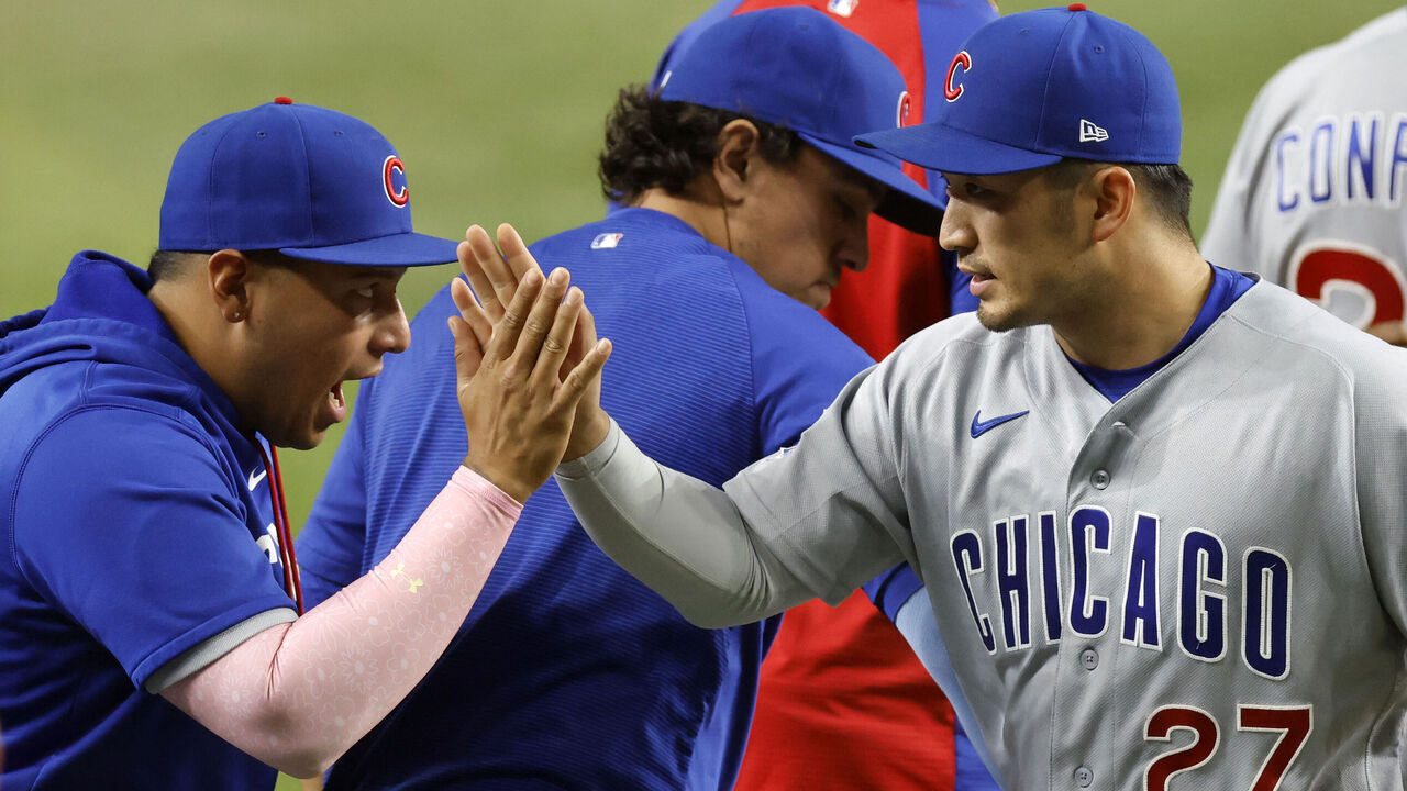 ARLINGTON, TEXAS - MAY 8: Seiya Suzuki #27 of the Chicago Cubs celebrates with teammates following the team's win over the Texas Rangers at Globe Life Field on May 8, 2026 in Arlington, Texas.