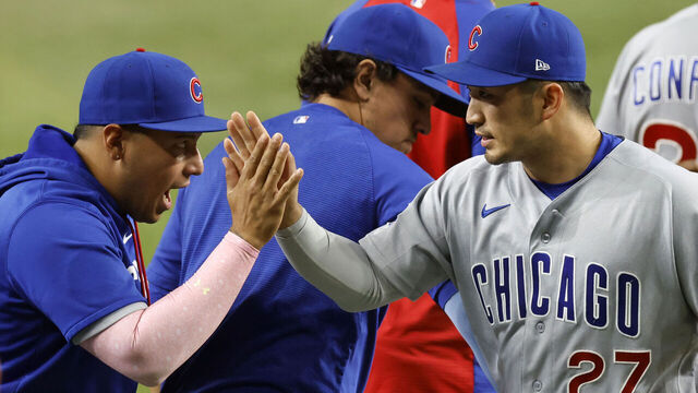 ARLINGTON, TEXAS - MAY 8: Seiya Suzuki #27 of the Chicago Cubs celebrates with teammates following the team's win over the Texas Rangers at Globe Life Field on May 8, 2026 in Arlington, Texas.