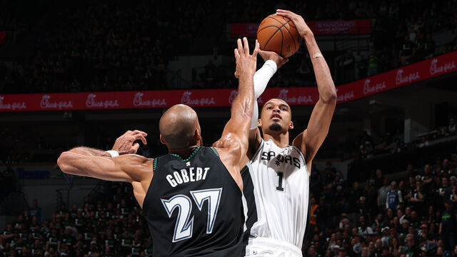 MINNEAPOLIS, MN - MAY 8: Victor Wembanyama #1 of the San Antonio Spurs shoots the ball during the game against the Minnesota Timberwolves during Round Two Game Three of the 2026 NBA Playoffs on May 8, 2026 at Target Center in Minneapolis, Minnesota. Mandatory Copyright Notice: Copyright 2026 NBAE