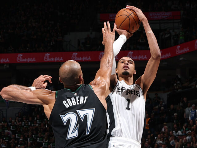 MINNEAPOLIS, MN - MAY 8: Victor Wembanyama #1 of the San Antonio Spurs shoots the ball during the game against the Minnesota Timberwolves during Round Two Game Three of the 2026 NBA Playoffs on May 8, 2026 at Target Center in Minneapolis, Minnesota. Mandatory Copyright Notice: Copyright 2026 NBAE