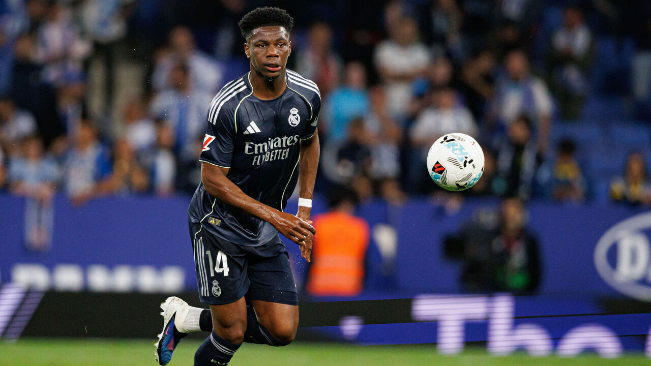 BARCELONA, SPAIN - 2026/05/03: Aurelien Tchouameni (Real Madrid FC) seen in action during LaLiga EASPORTS game between teams of RCD Espanyol de Barcelona and Real Madrid FC RCD Espanyol de Barcelona 0 - 2 Real Madrid FC.