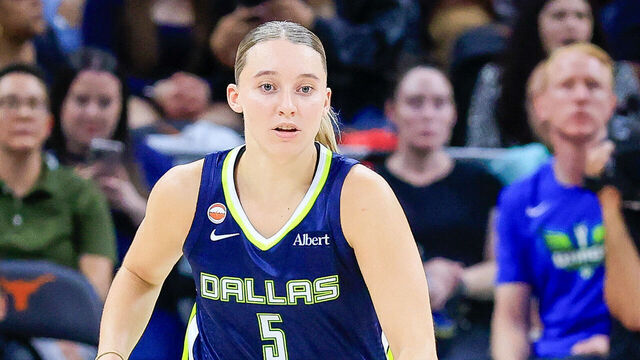 AUSTIN, TX - MAY 03: Dallas Wings guard Paige Bueckers #5 dribbles up the court against the Las Vegas Aces during the game on May 03, 2026, at the Moody Center in Austin, TX.