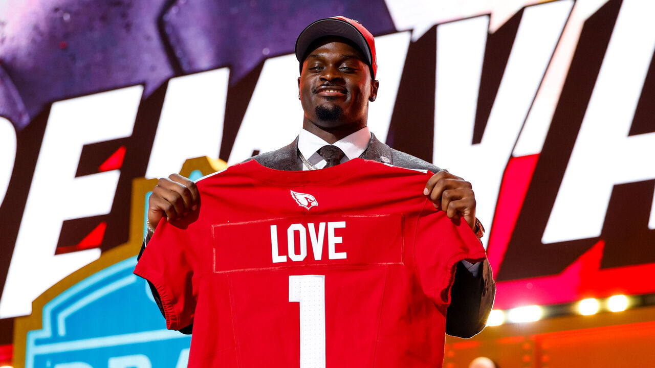 PITTSBURGH, PENNSYLVANIA - APRIL 23: Jeremiyah Love of Notre Dame poses for a photo after being selected third overall by the Arizona Cardinals during Round One of the 2026 NFL Draft at Acrisure Stadium on April 23, 2026 in Pittsburgh, Pennsylvania.