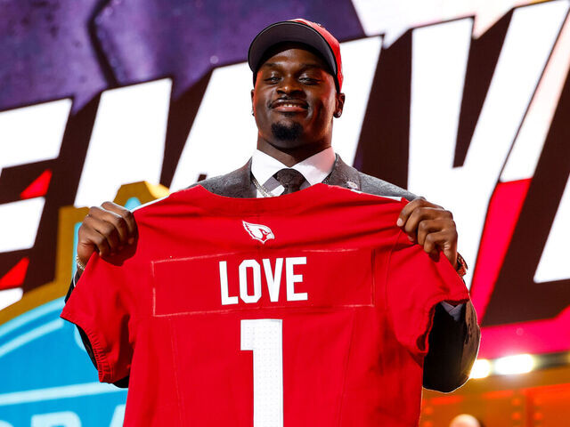PITTSBURGH, PENNSYLVANIA - APRIL 23: Jeremiyah Love of Notre Dame poses for a photo after being selected third overall by the Arizona Cardinals during Round One of the 2026 NFL Draft at Acrisure Stadium on April 23, 2026 in Pittsburgh, Pennsylvania.
