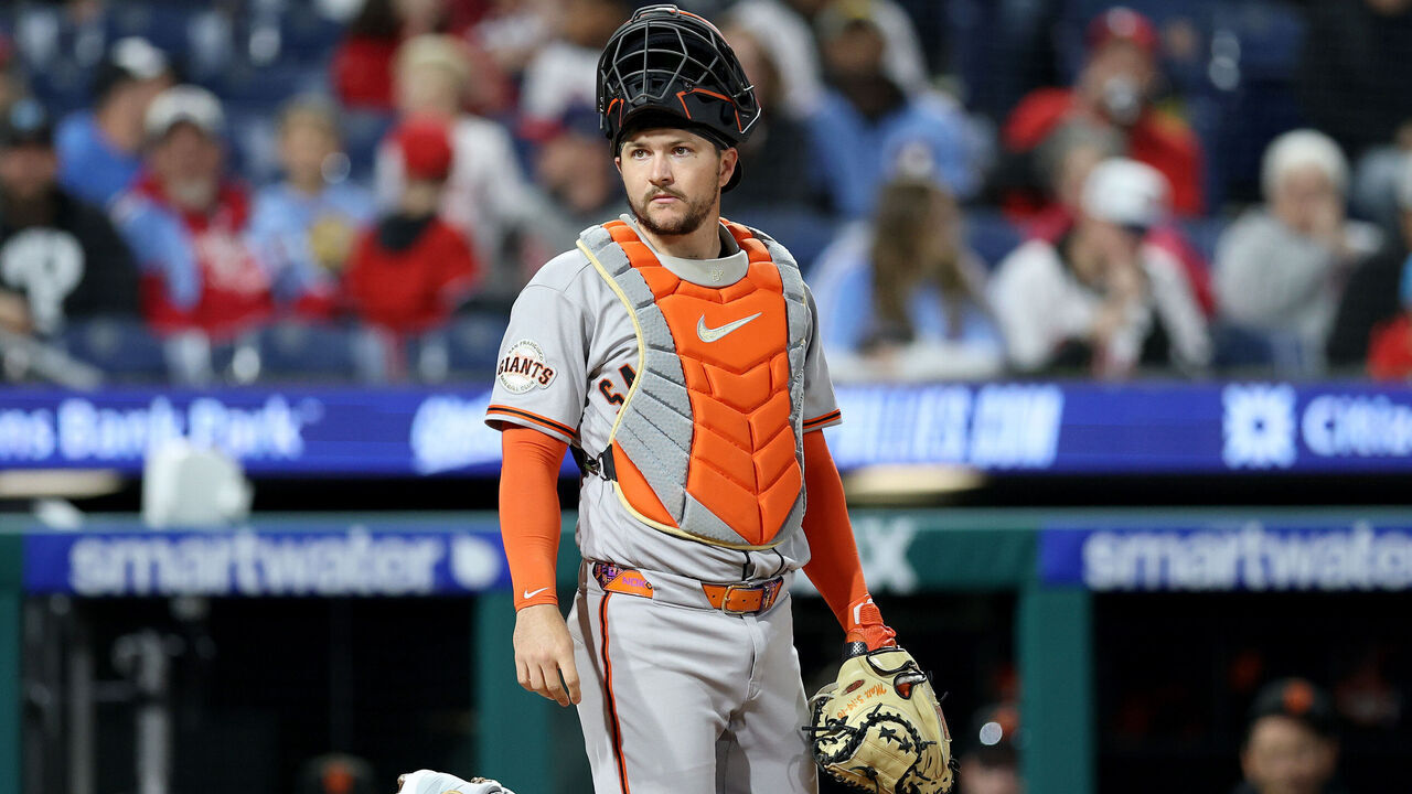 PHILADELPHIA, PENNSYLVANIA - APRIL 28: Patrick Bailey #14 of the San Francisco Giants looks on during a game against the Philadelphia Phillies at Citizens Bank Park on April 28, 2026 in Philadelphia, Pennsylvania.