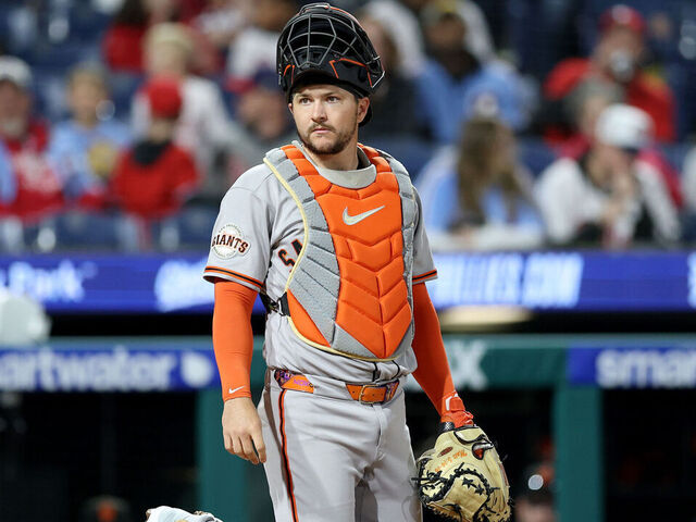 PHILADELPHIA, PENNSYLVANIA - APRIL 28: Patrick Bailey #14 of the San Francisco Giants looks on during a game against the Philadelphia Phillies at Citizens Bank Park on April 28, 2026 in Philadelphia, Pennsylvania.